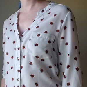Bongo red ladybug print white button up shirt